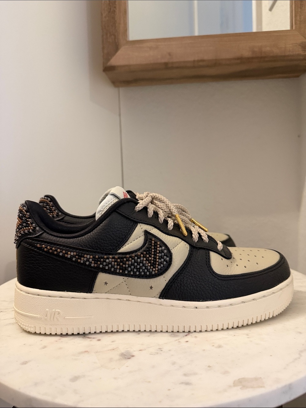 Nike Air Force 1 Low-Top Sneaker — Black and Cream with Beaded Swoosh